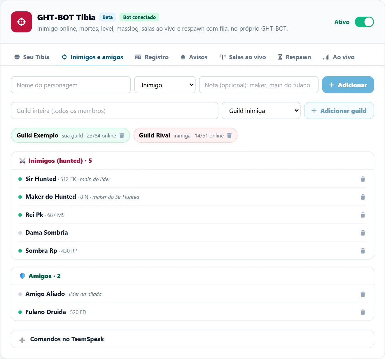 Aba Inimigos e amigos com os campos para adicionar personagem e guild, as guilds acompanhadas e as listas de inimigos e amigos, com bolinha verde em quem está online