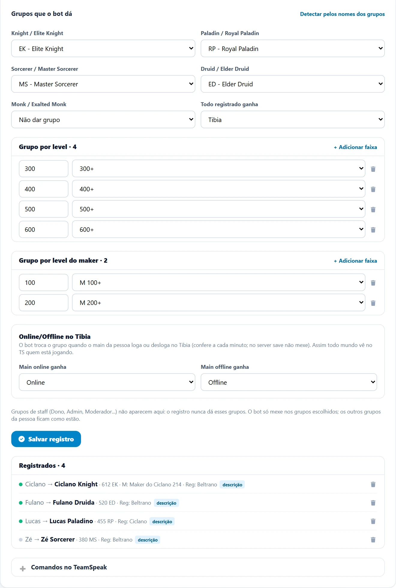 Parte de grupos da aba Registro com as vocações, quatro faixas de level, duas faixas de maker, os grupos Online e Offline e a lista de registrados com Reg e a marca descrição