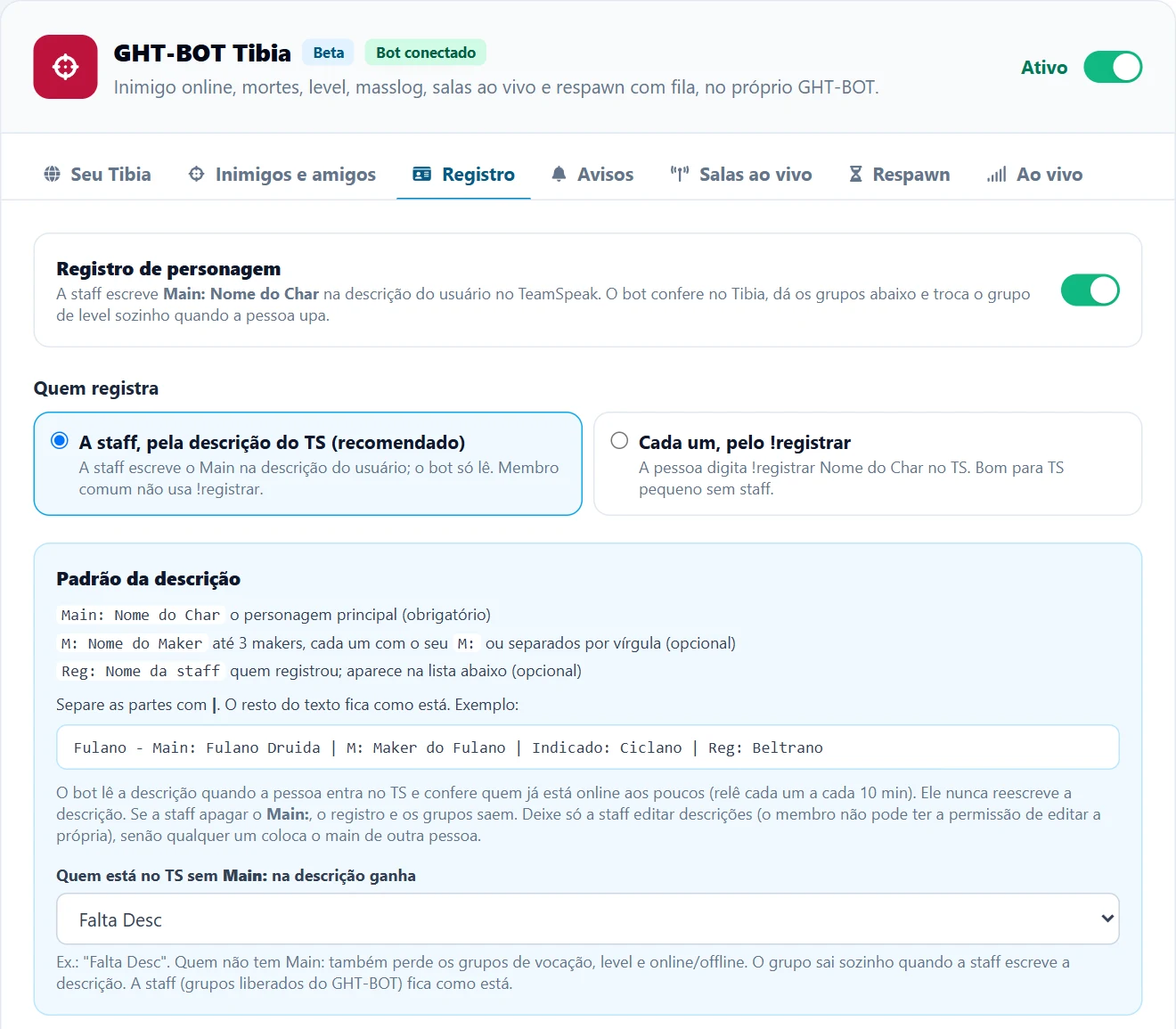 Aba Registro com Quem registra em A staff pela descrição do TS (recomendado), o quadro Padrão da descrição com Main, M, Reg e um exemplo, e o grupo Falta Desc para quem está sem Main