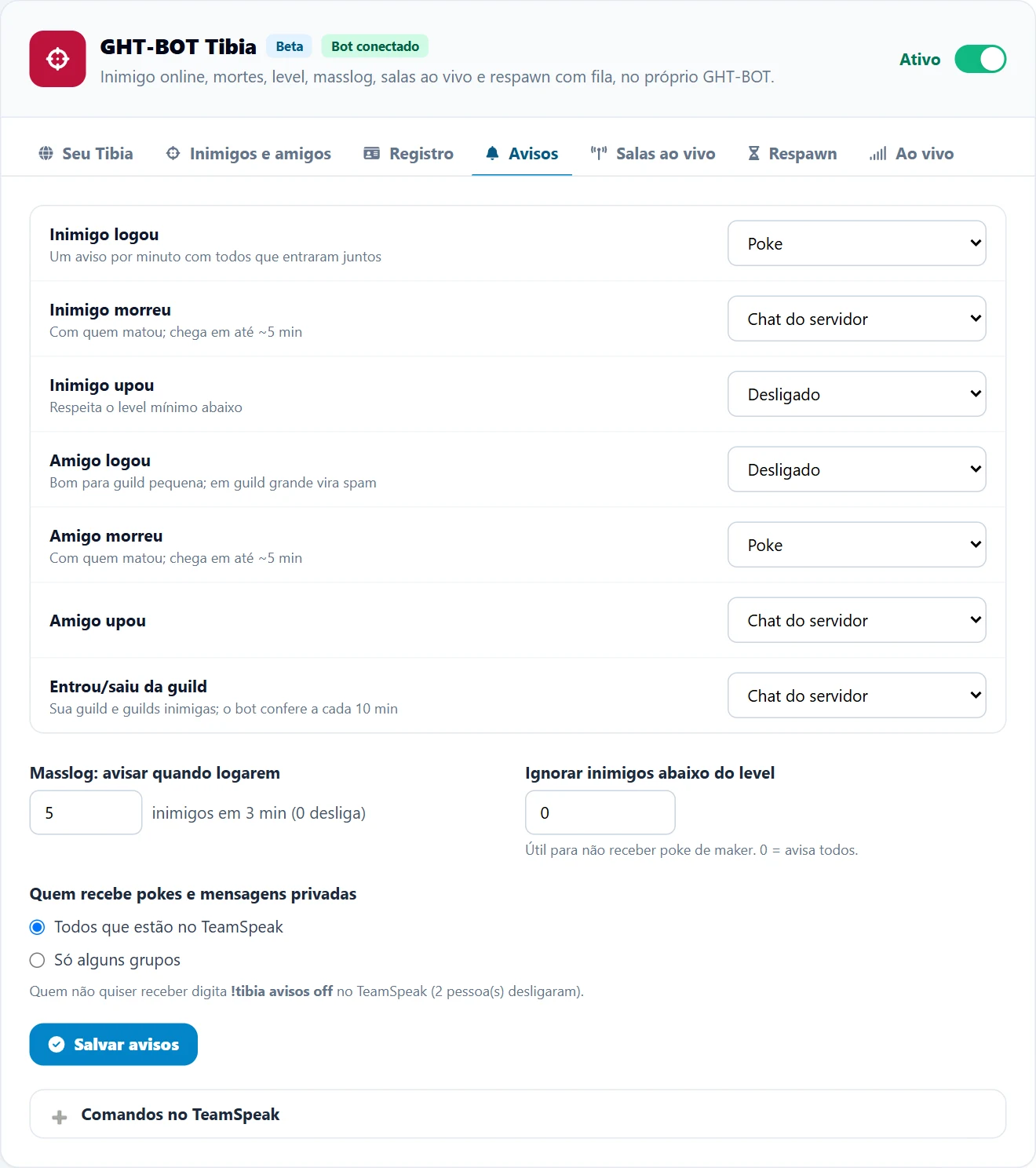 Aba Avisos com o modo de cada aviso, o masslog em 5 inimigos em 3 minutos, o level mínimo e quem recebe os pokes