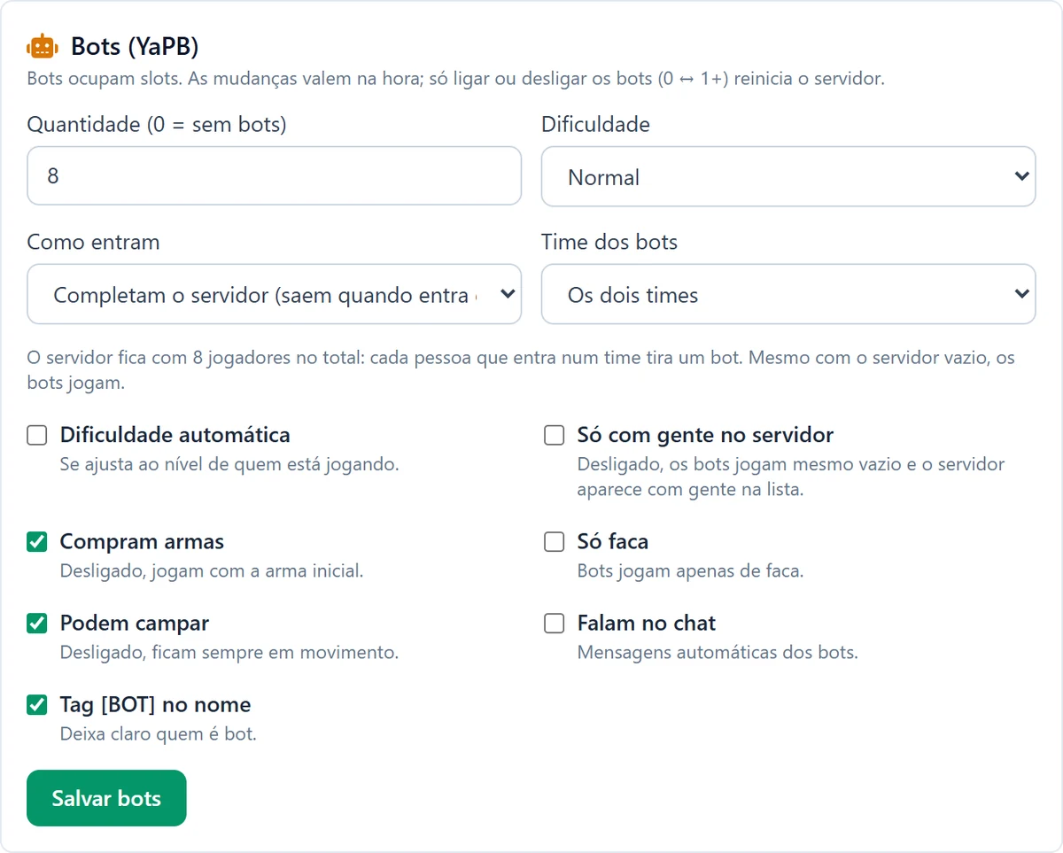 Seção Bots (YaPB) nas configurações do painel do servidor de CS 1.6, com quantidade, dificuldade, como entram, time e as opções dos bots