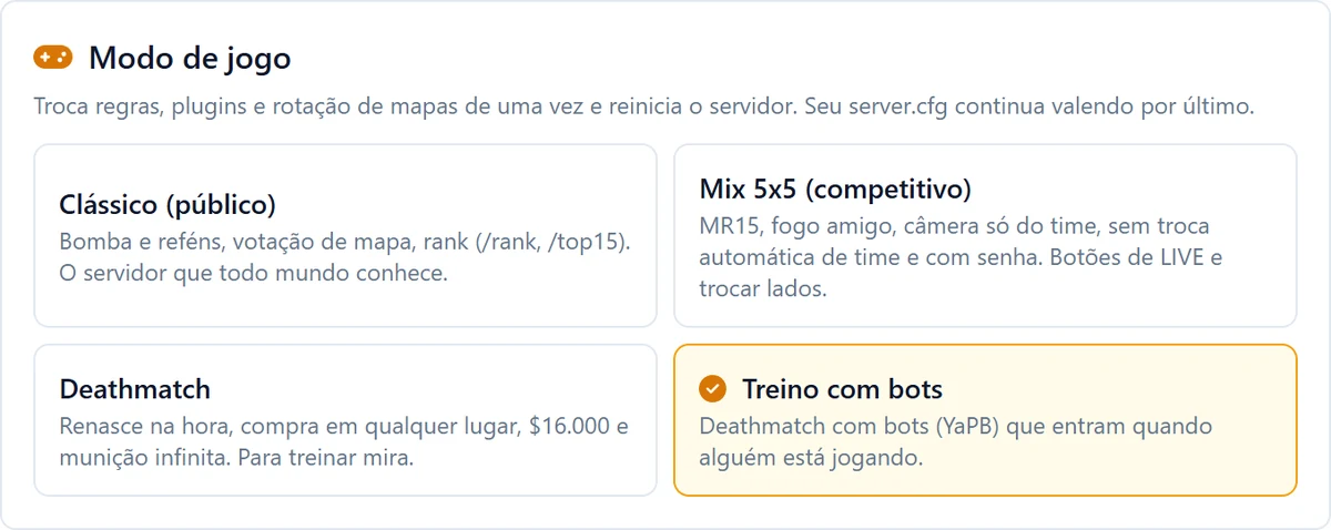 Modo de jogo no painel do servidor de CS 1.6 com Treino com bots selecionado