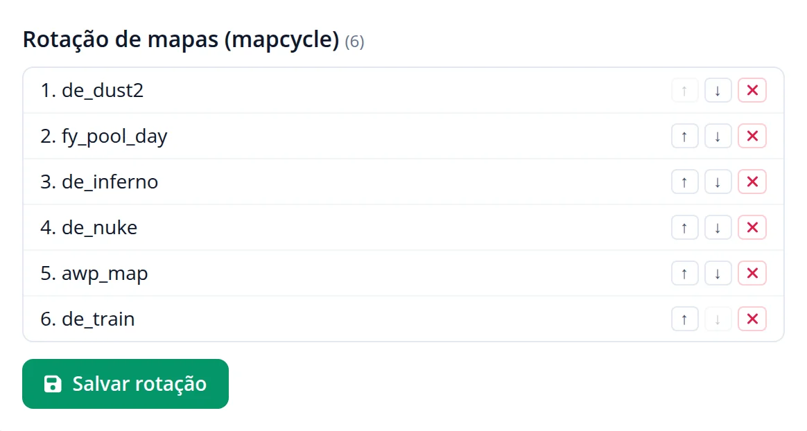 Rotação de mapas no painel do servidor de CS 1.6, com a lista numerada, os botões de subir e descer e o botão Salvar rotação